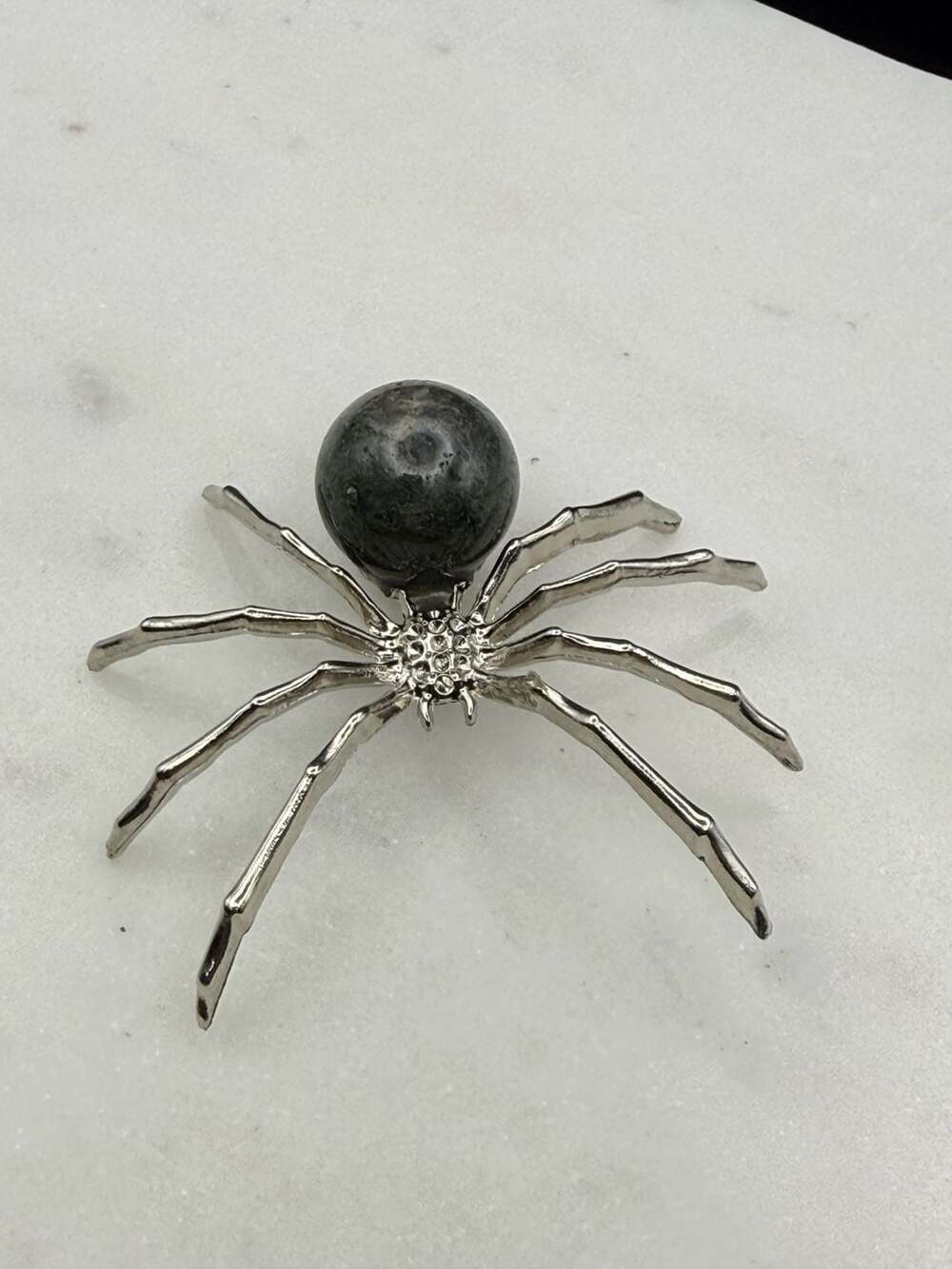 Green Moss Agate Crystal Sphere Silver Metal Small Spider Figurine